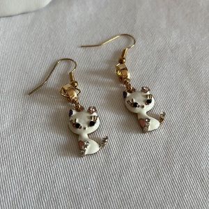 Gold Tone White Cat Earrings